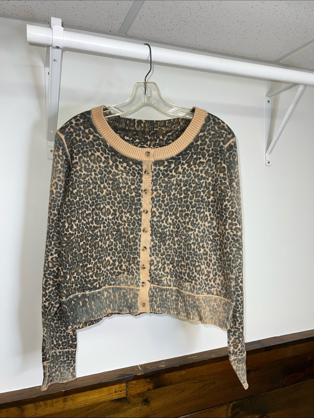 Leopard Print Button-Front Cardigan with Tan Trim- S